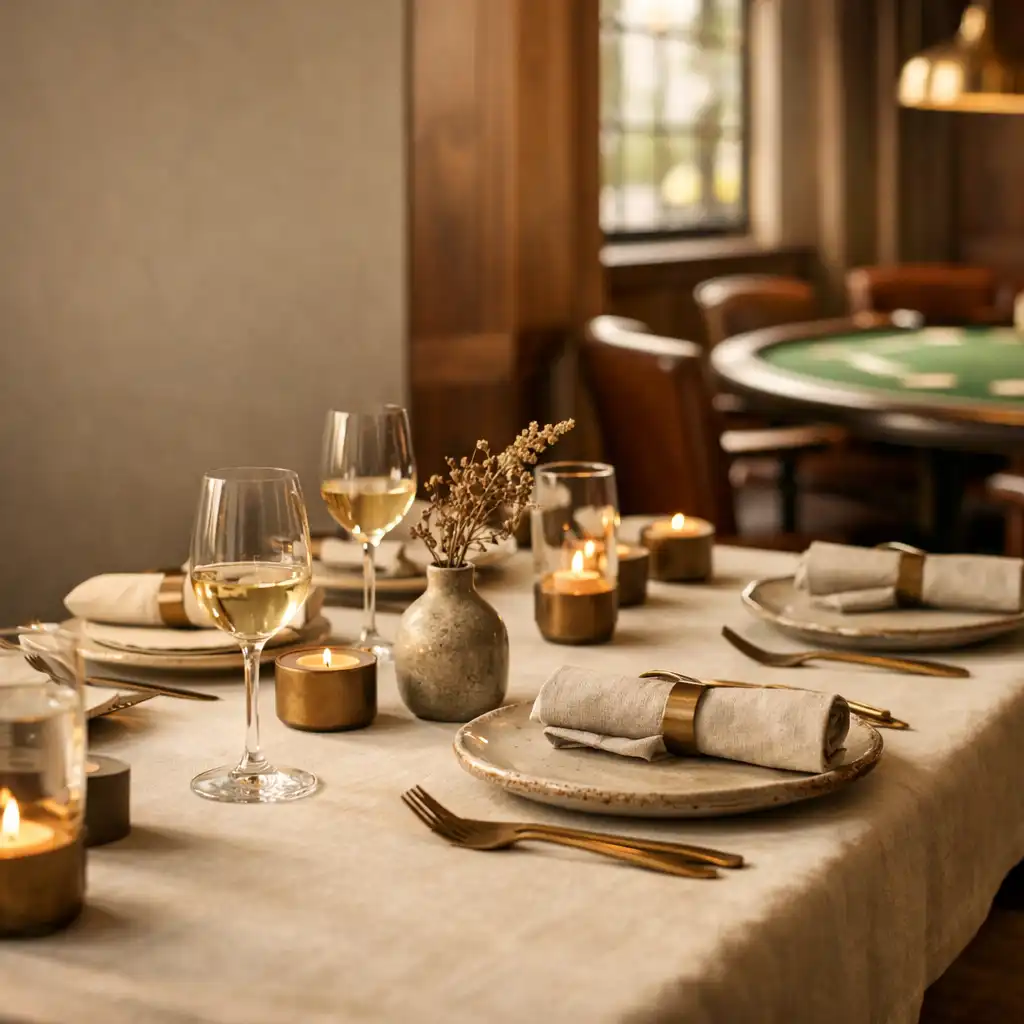 Prepared ivory-linen dining table with a refined green felt card-lounge detail in the background