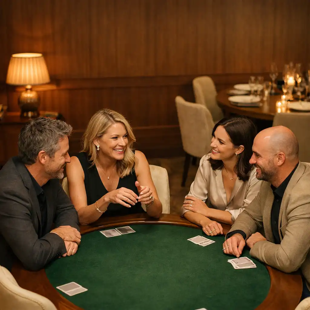 Guests seated conversationally around a deep green felt poker table in a refined lounge