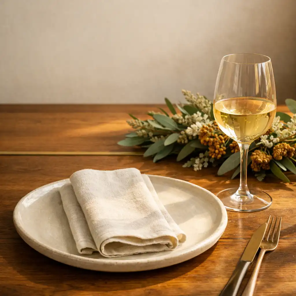 Ivory ceramic place setting with linen and a wine glass in warm natural light