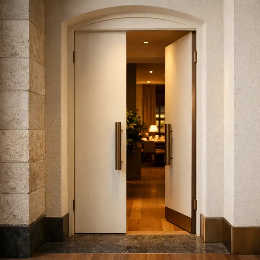 Refined Melbourne venue entrance threshold with ivory plaster, timber floor and warm interior light