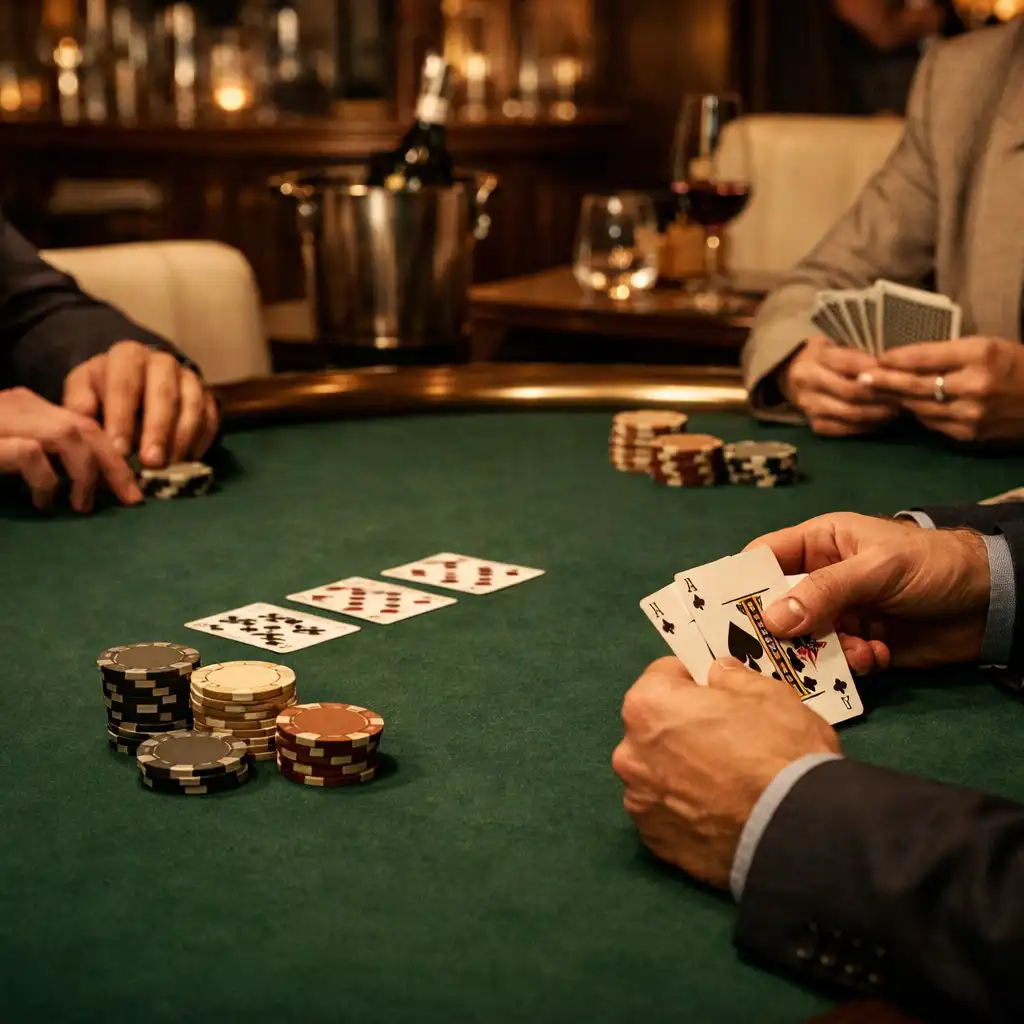 Physical felt-green poker table with cards, souvenir poker chips and guests’ hands in a lounge