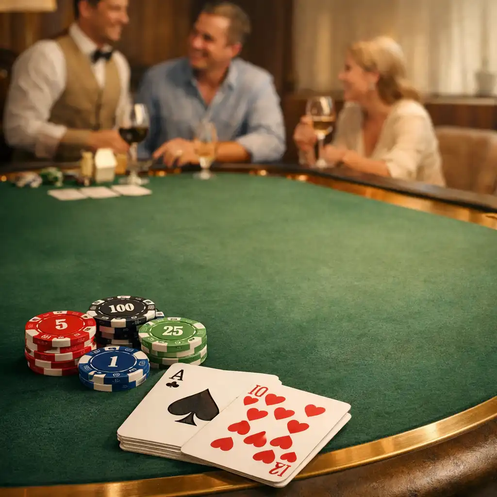 Ivory cards and souvenir poker chips on a felt-green poker table in the social poker lounge