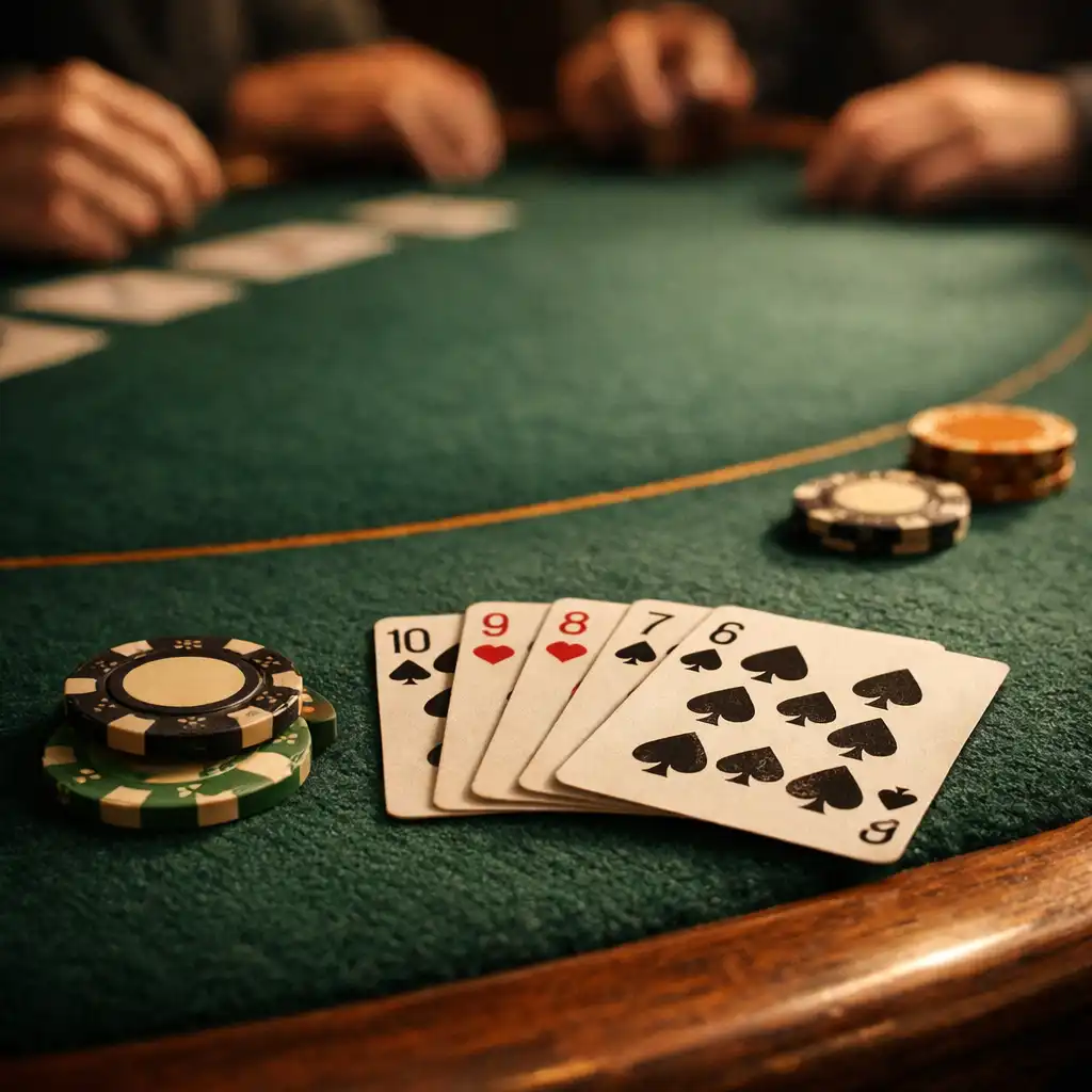 Close detail of cards and hands around a deep green felt poker table