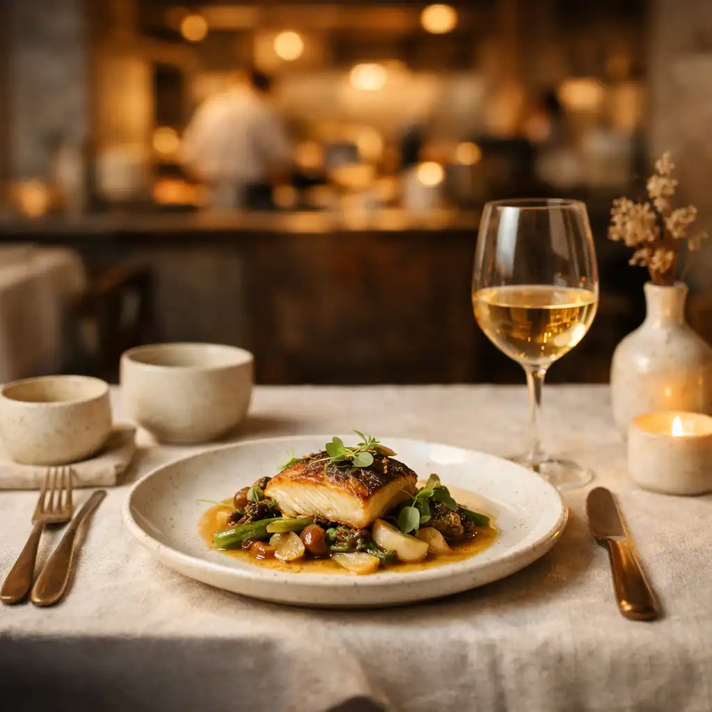 Plated seasonal food with linen, bronze cutlery and warm restaurant light