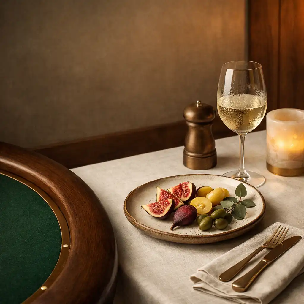 Ivory linen dining table with wine glass beside the edge of a green felt poker table