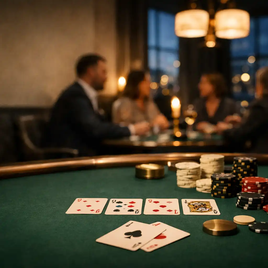 Green felt poker table with cards and softly lit guests at an Ivorydealerhouse offline poker evening