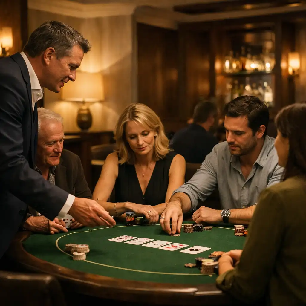 Host guiding adult guests at a green felt poker table during an offline poker evening
