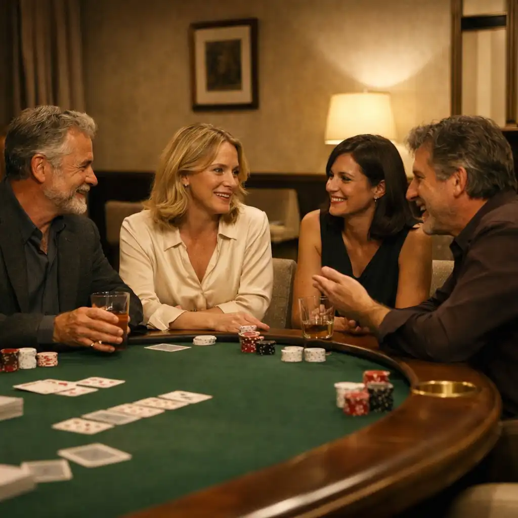 Adult guests in relaxed conversation beside a green felt poker table in the lounge