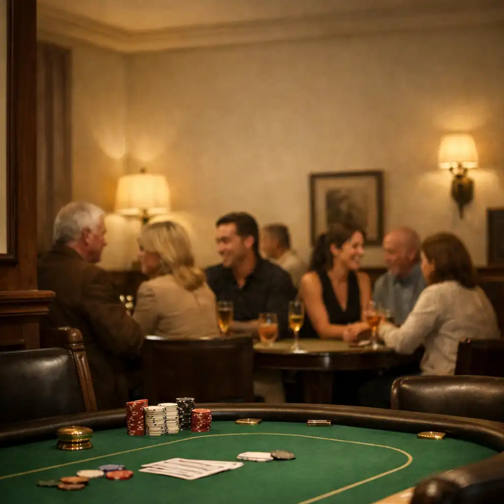 Guests conversing around a green felt poker table in the Ivorydealerhouse poker room