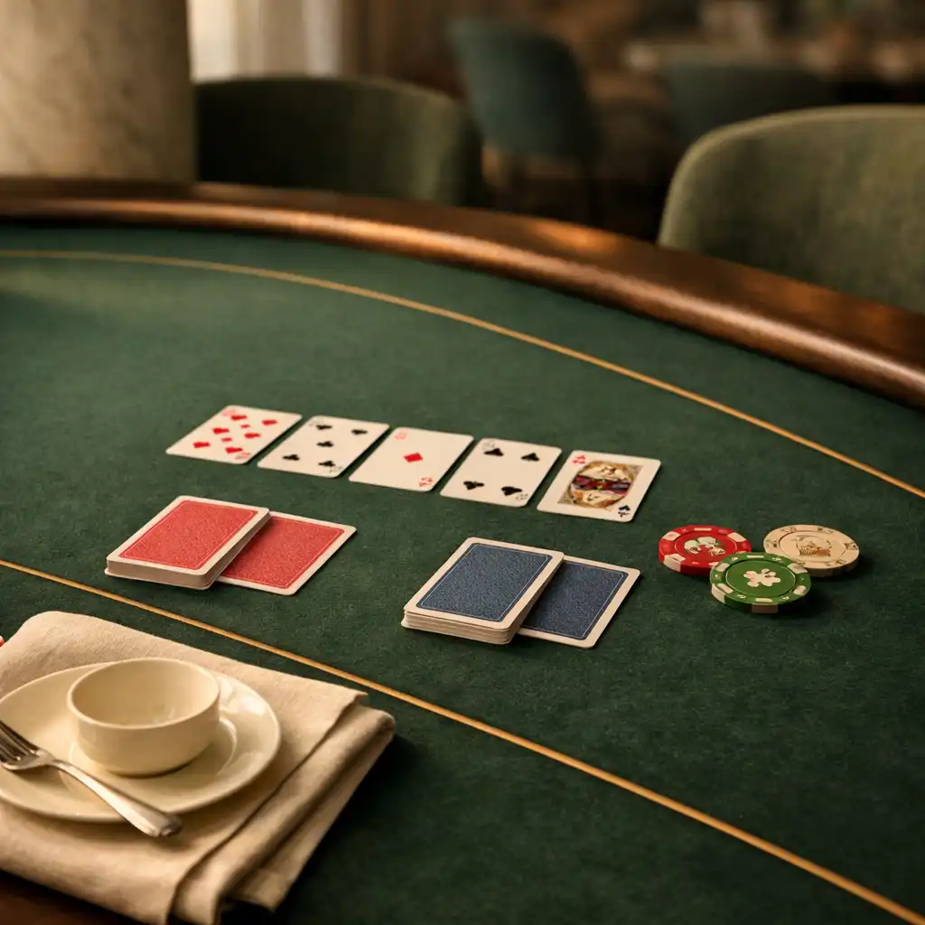 Prepared green felt poker table with playing cards, ivory table details and souvenir poker chips