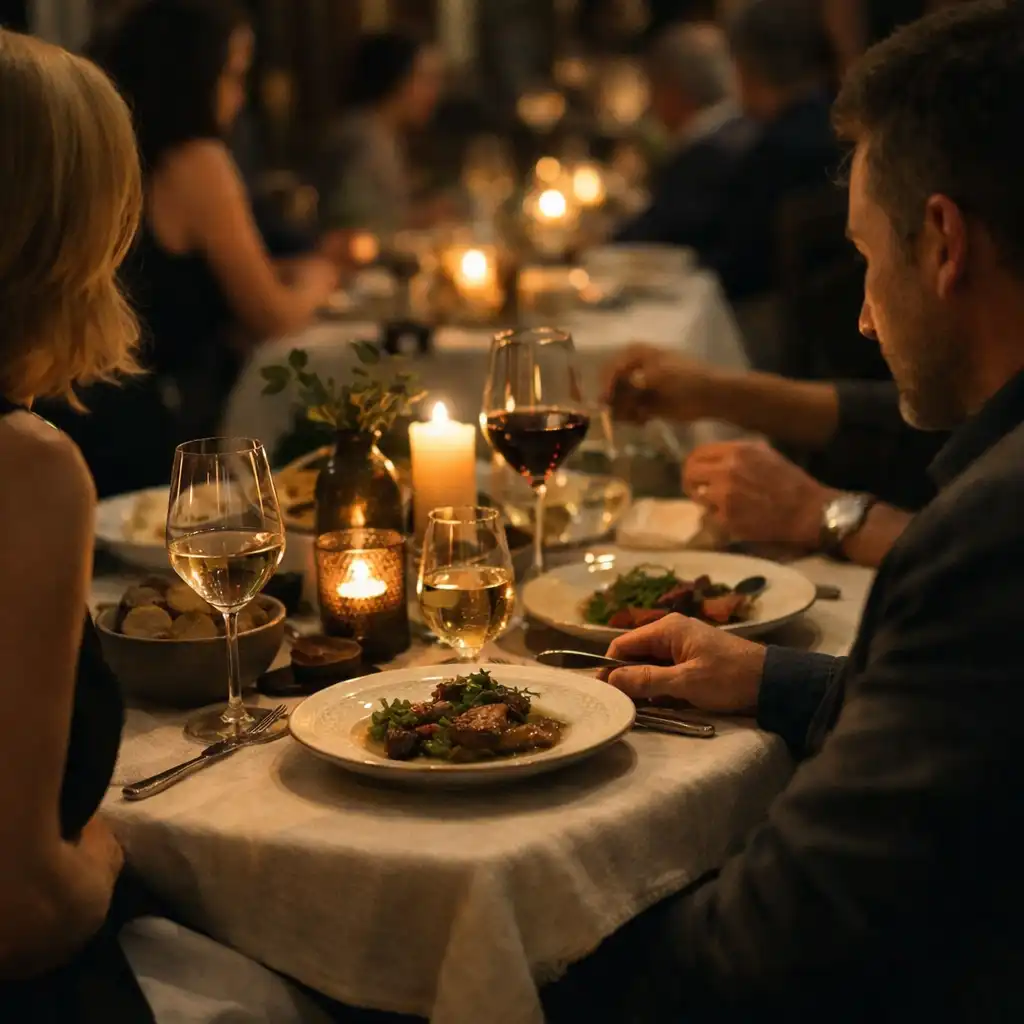 Shared evening dining table with wine glasses and seasonal table details