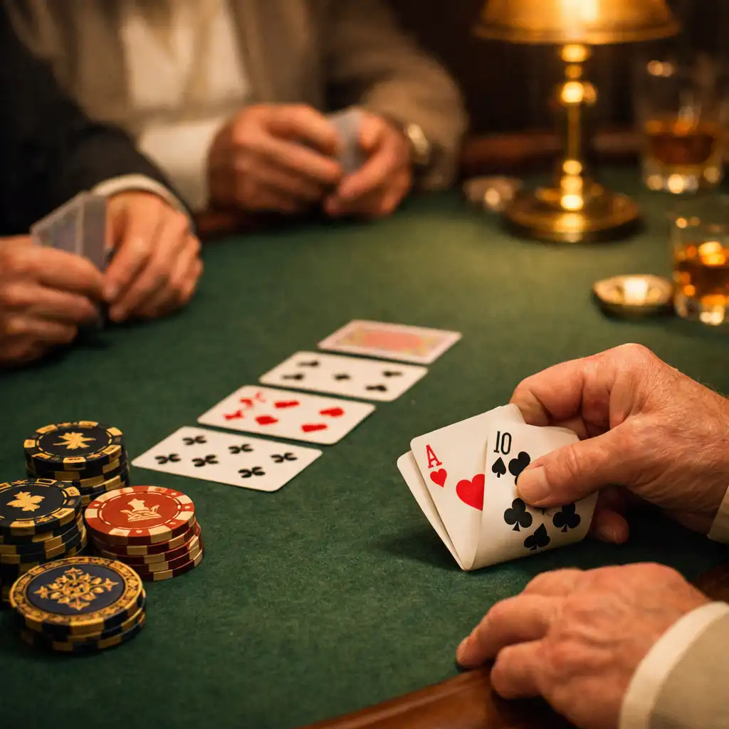 Adult guests playing a social poker game at a felt-green table