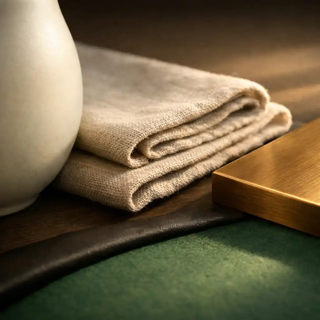 Ivory ceramic, linen, bronze and felt-green venue detail