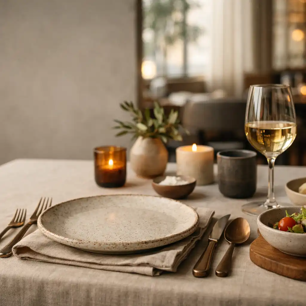 Seasonal dining table with ivory ceramics, linen and a wine glass at Ivorydealerhouse