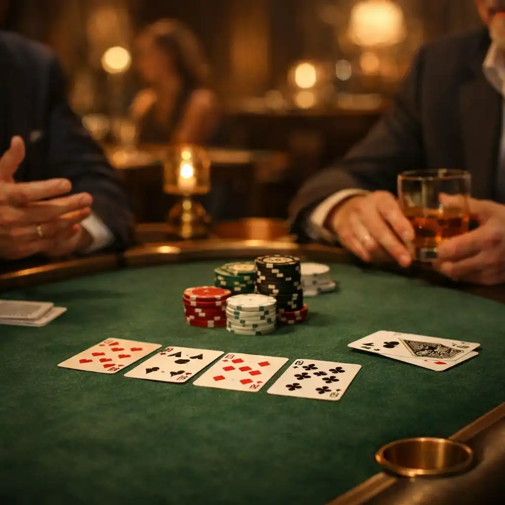 Guests gathered around a felt-green poker table in the offline poker salon