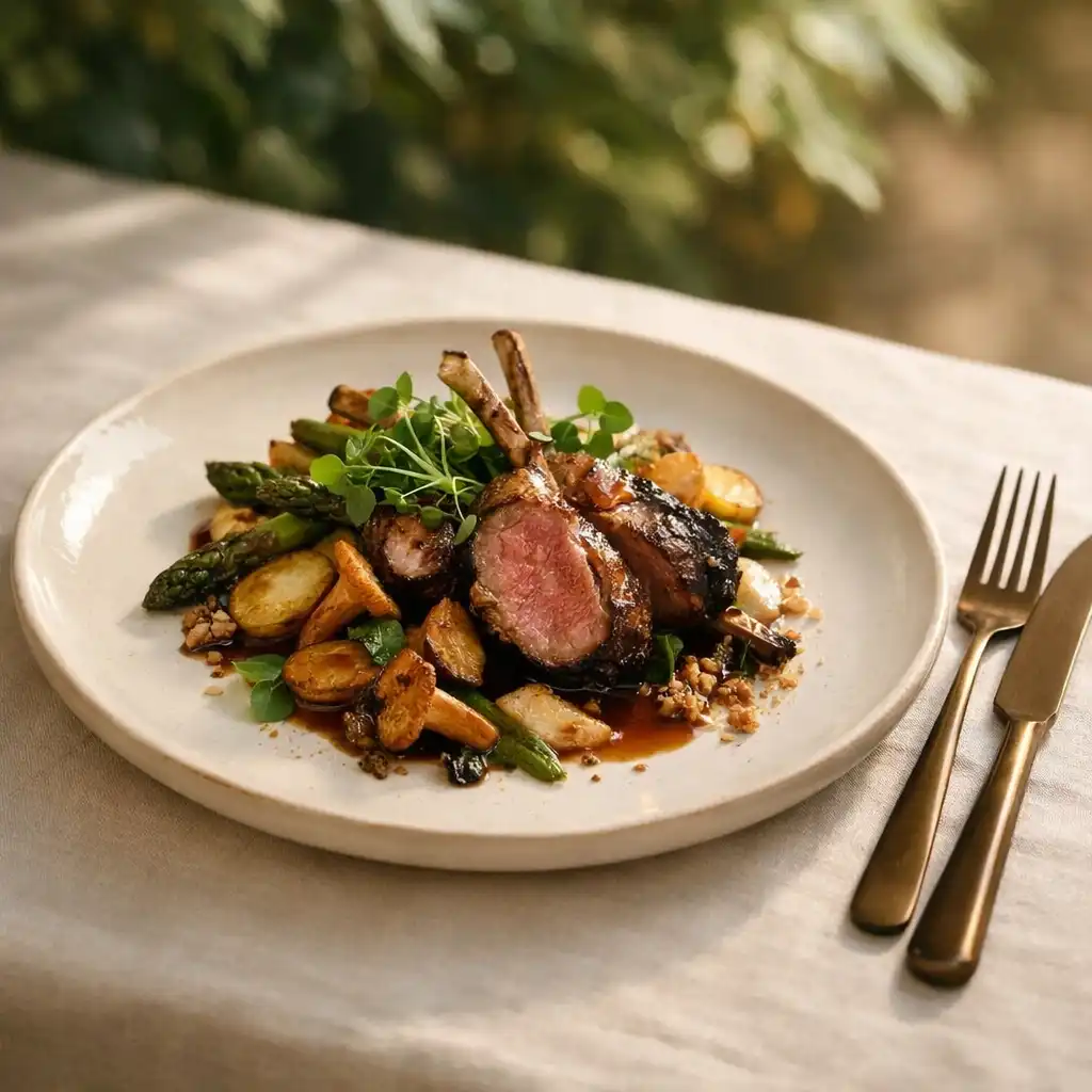 Seasonal Australian dish presented on an ivory ceramic plate