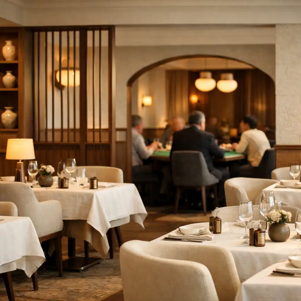 Luminous Ivorydealerhouse interior with dining tables and a glimpse of the card lounge