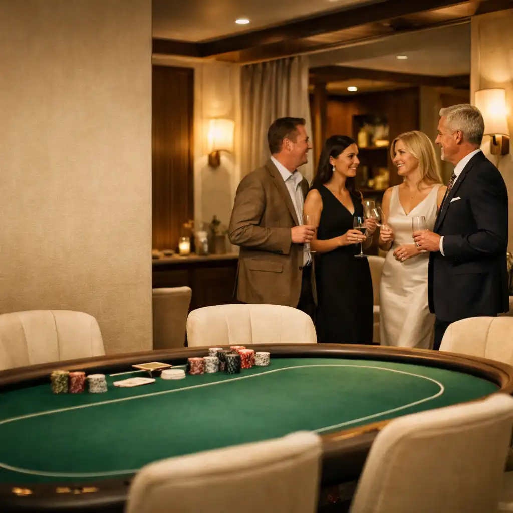 Guests gathered around a green felt poker table in the Ivorydealerhouse salon