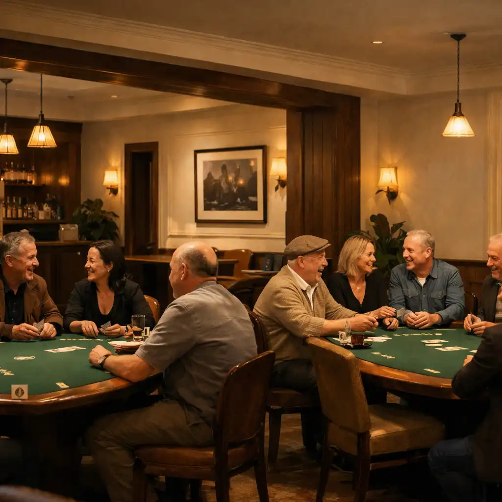 Adult guests in conversation around felt poker tables in a refined poker room