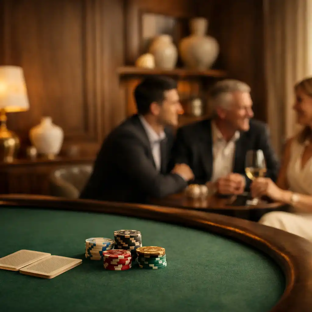 Guests in relaxed conversation around a refined felt-green poker table at Ivorydealerhouse