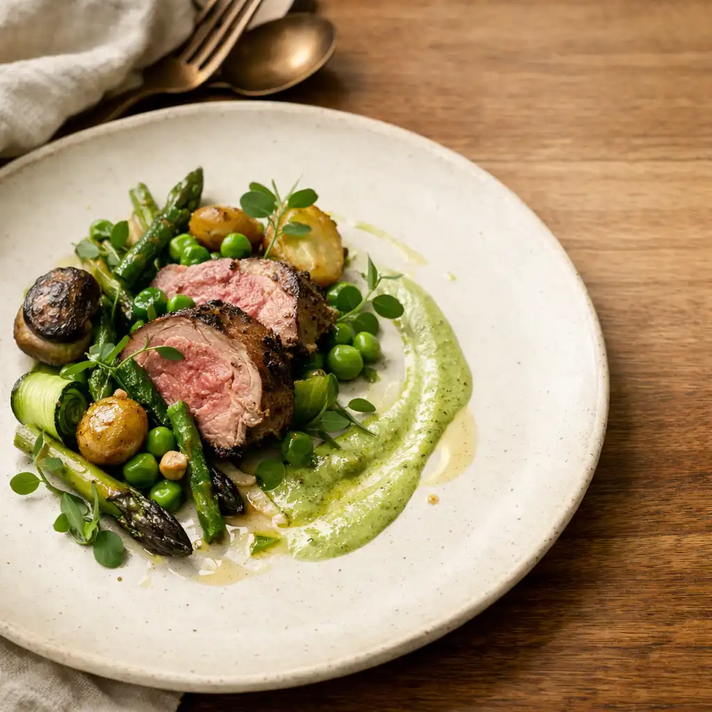 Seasonal course on an ivory ceramic plate with herbs and linen