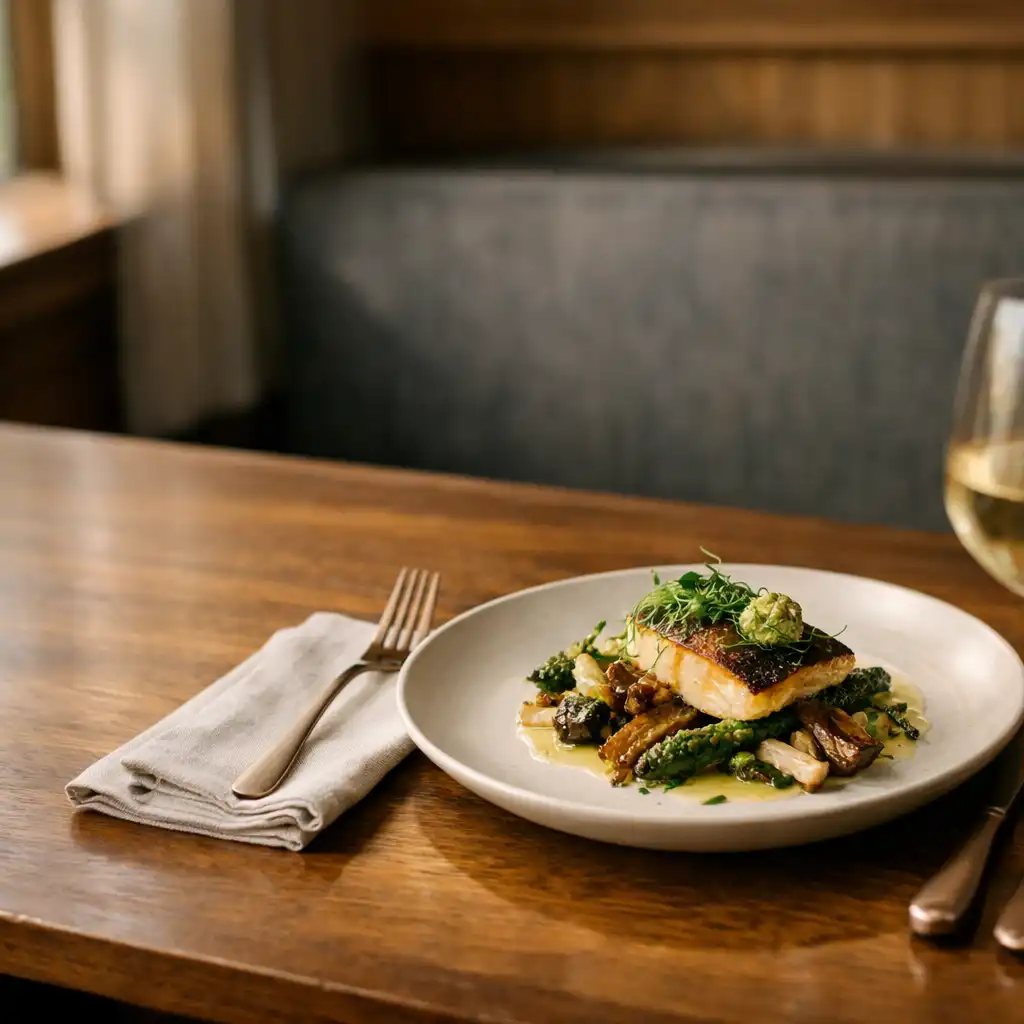 Seasonal plated dish on an ivory table with linen, bronze cutlery and a wine glass