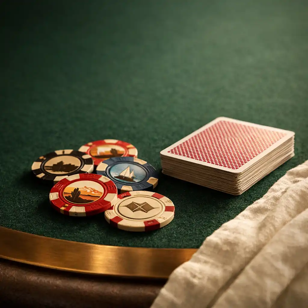 Souvenir poker chips and face-down cards resting on a green felt table
