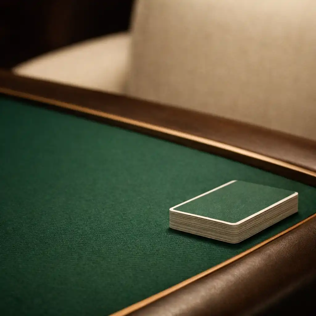 Deep green felt poker table corner with bronze trim and a physical card edge