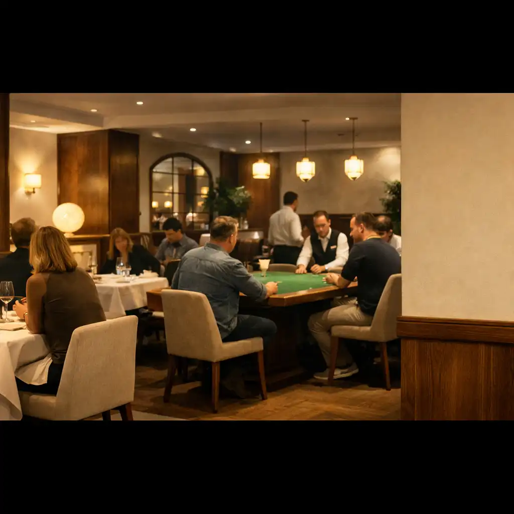 Early evening interior showing the connection between elegant dining tables and the offline poker lounge