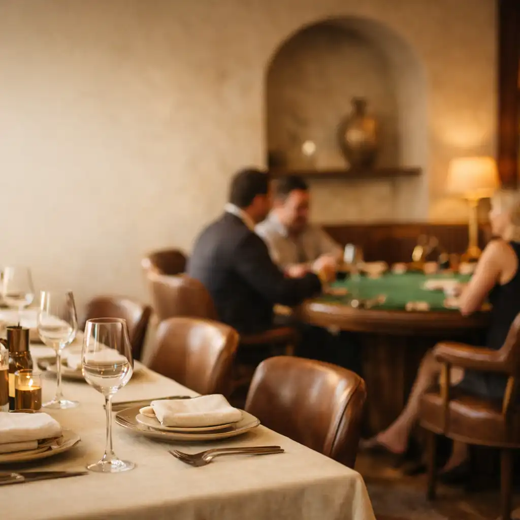 An ivory-set dining table with a refined green felt poker table deeper in the Melbourne venue