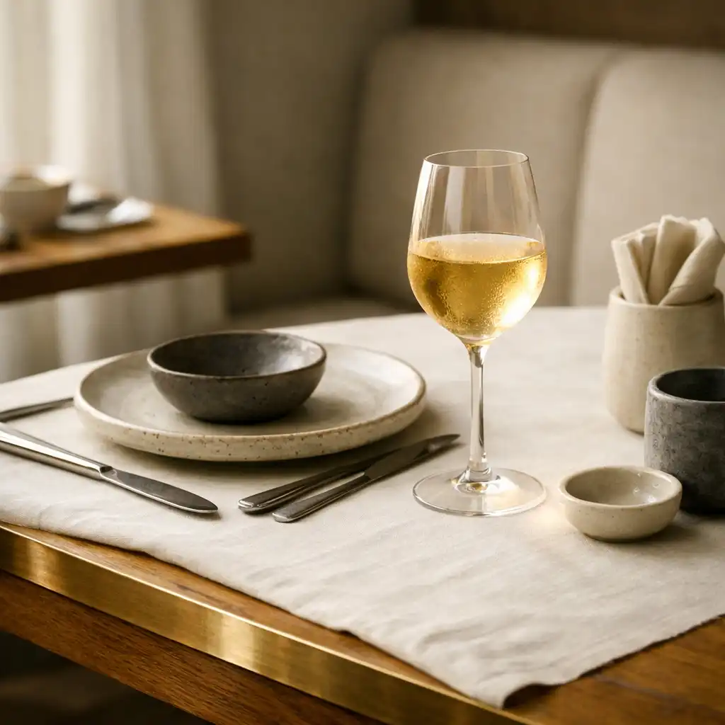 Ivory linen, textured ceramic and a wine glass in warm natural light