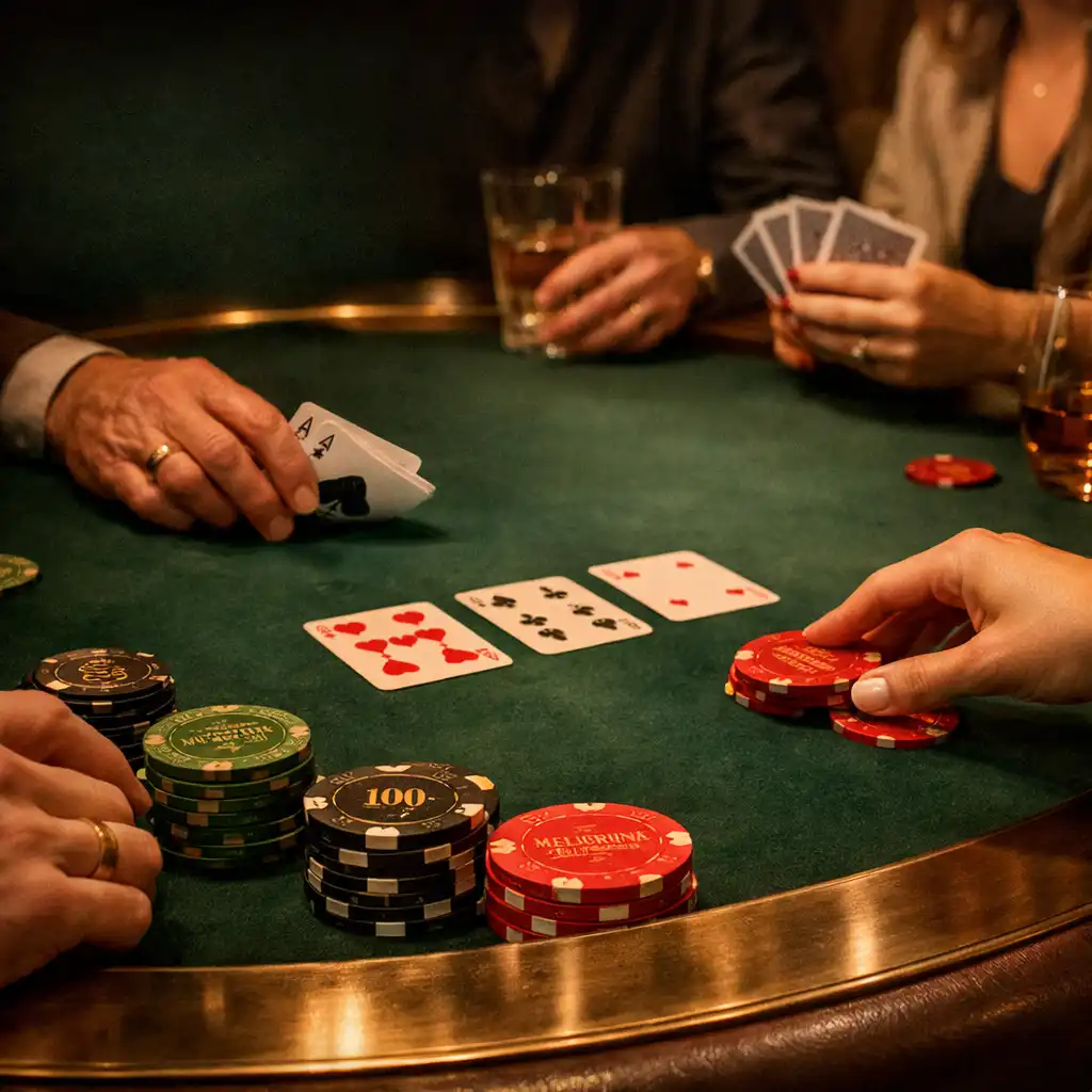 Hands gathered around physical cards and green felt at an offline poker table