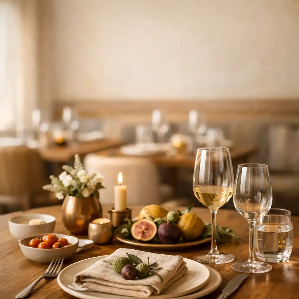 Seasonal dining table with ivory ceramics, linen and wine glasses