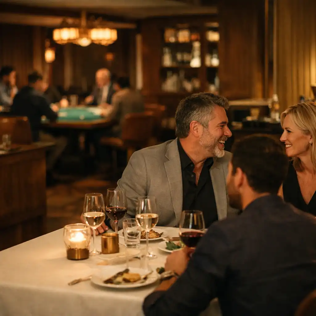 Guests sharing conversation around a warmly set table with green felt tables in the venue
