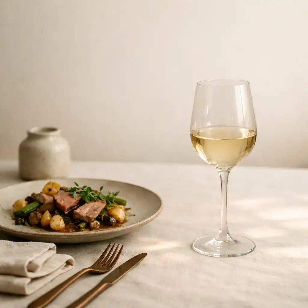 Elegant wine glass beside a seasonal plate on an ivory tablecloth